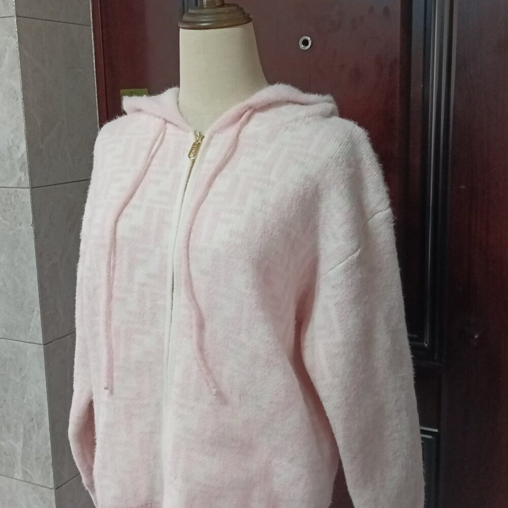 Pink Fendi Style FF Fuzzy Zip Hoodie - Picture 3 of 9
